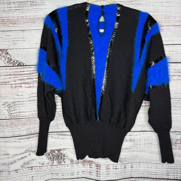 Vintage 80s Mike Korwin Batwing Sweater Black Blue Metallic Dolman Sleeve 6 - Picture 4 of 6